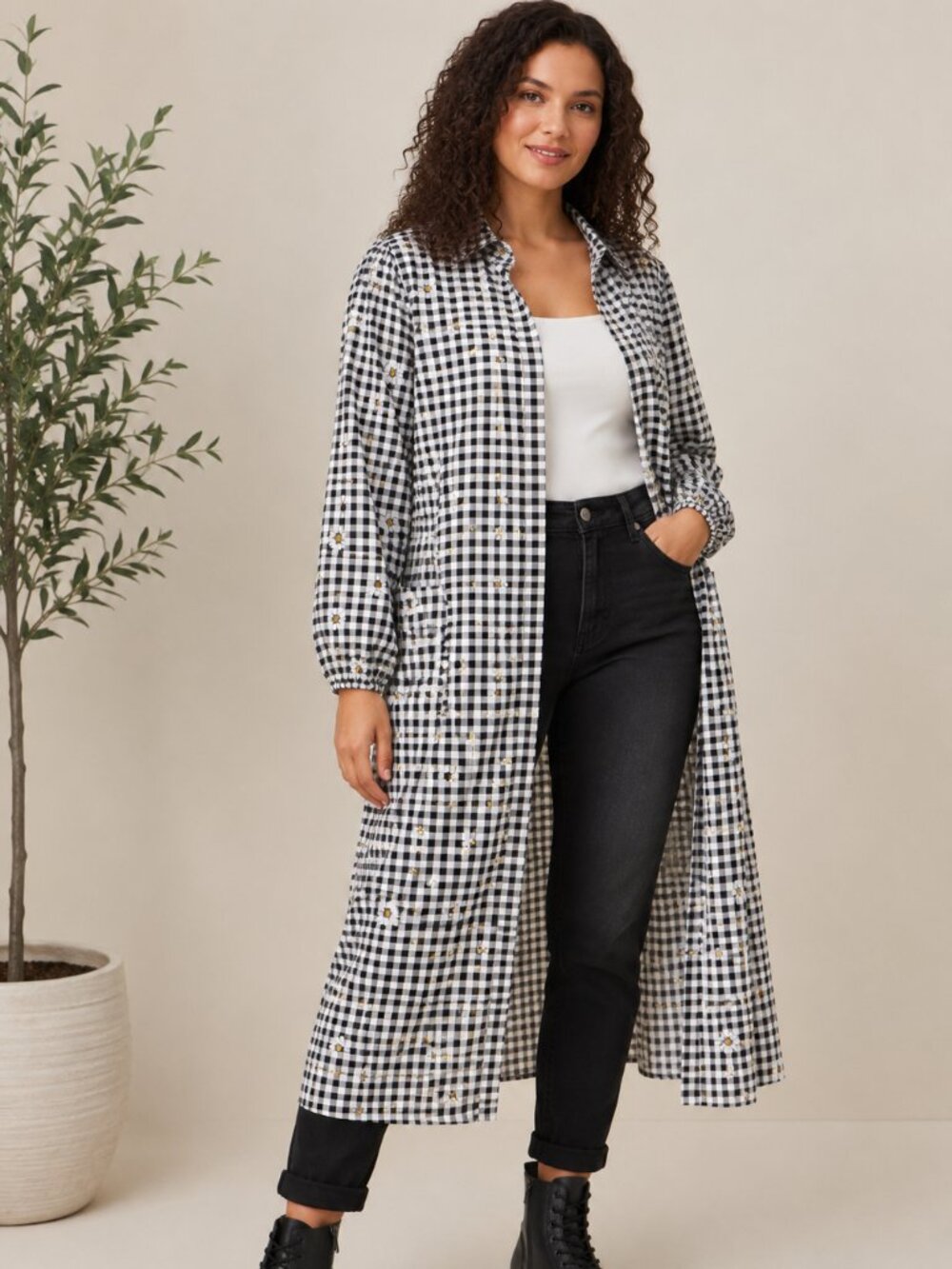 NWT Torrid Daisy Gingham Kimono Duster Size 00 Black White Long Open Front